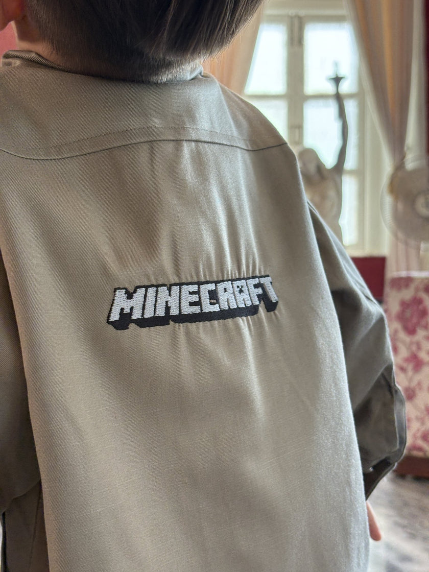 FunnyBones Minecraft Themed Baggy Shacket & Cargo Set – olive baggy shacket and cargo set with pixel-game patches, view 6