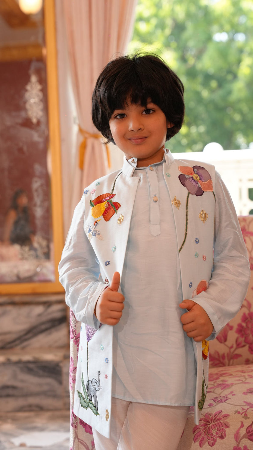 FunnyBones Mint Embroidered Achkan – pastel long koti with floral and animal embroidery, view 6