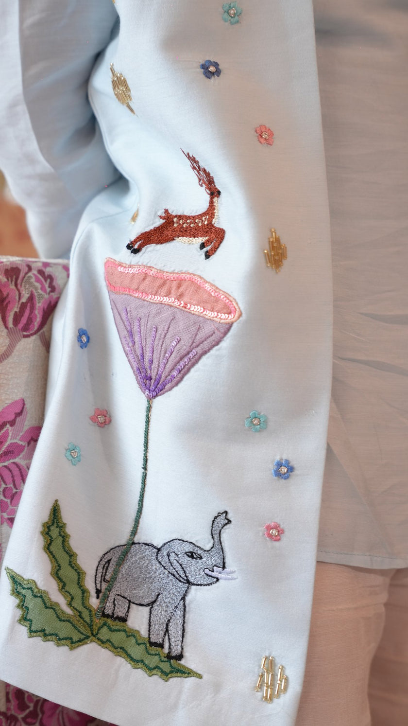FunnyBones Mint Embroidered Achkan – pastel long koti with floral and animal embroidery, view 7