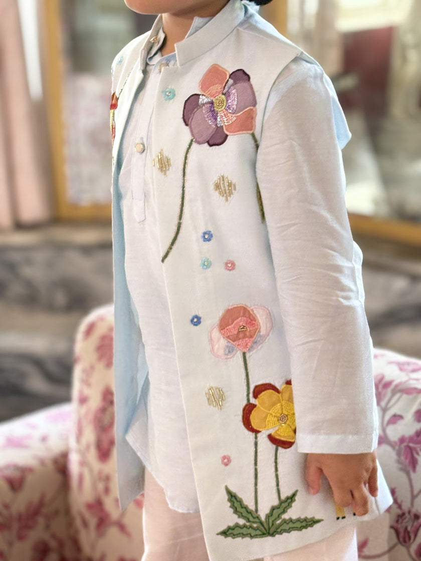 FunnyBones Mint Embroidered Achkan – pastel long koti with floral and animal embroidery, view 8