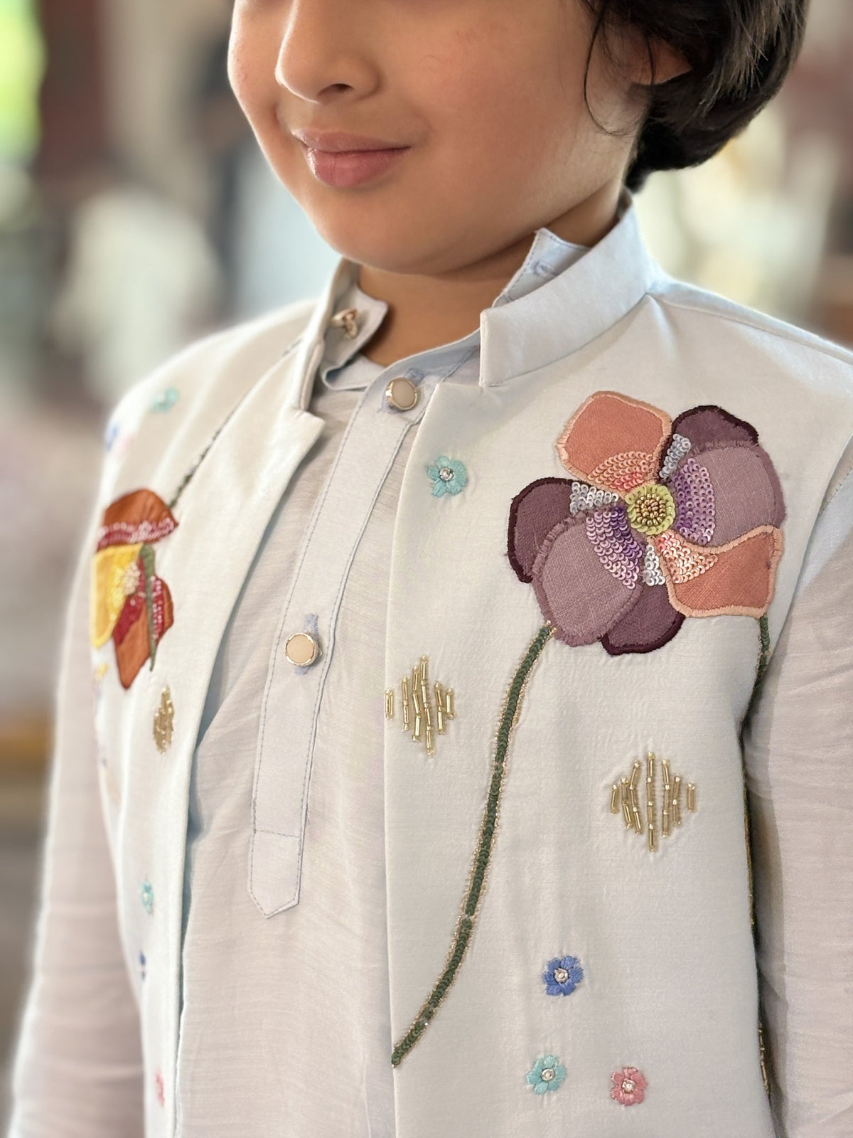 FunnyBones Mint Embroidered Achkan – pastel long koti with floral and animal embroidery, view 9
