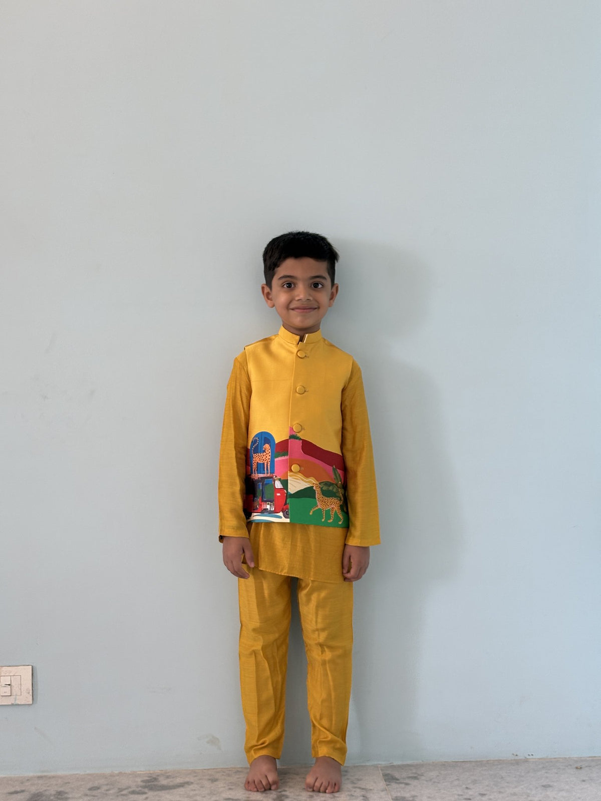 Boy wearing FunnyBones Mustard Kurta Set with Printed Nehru Jacket – mustard koti kurta set with printed landscape