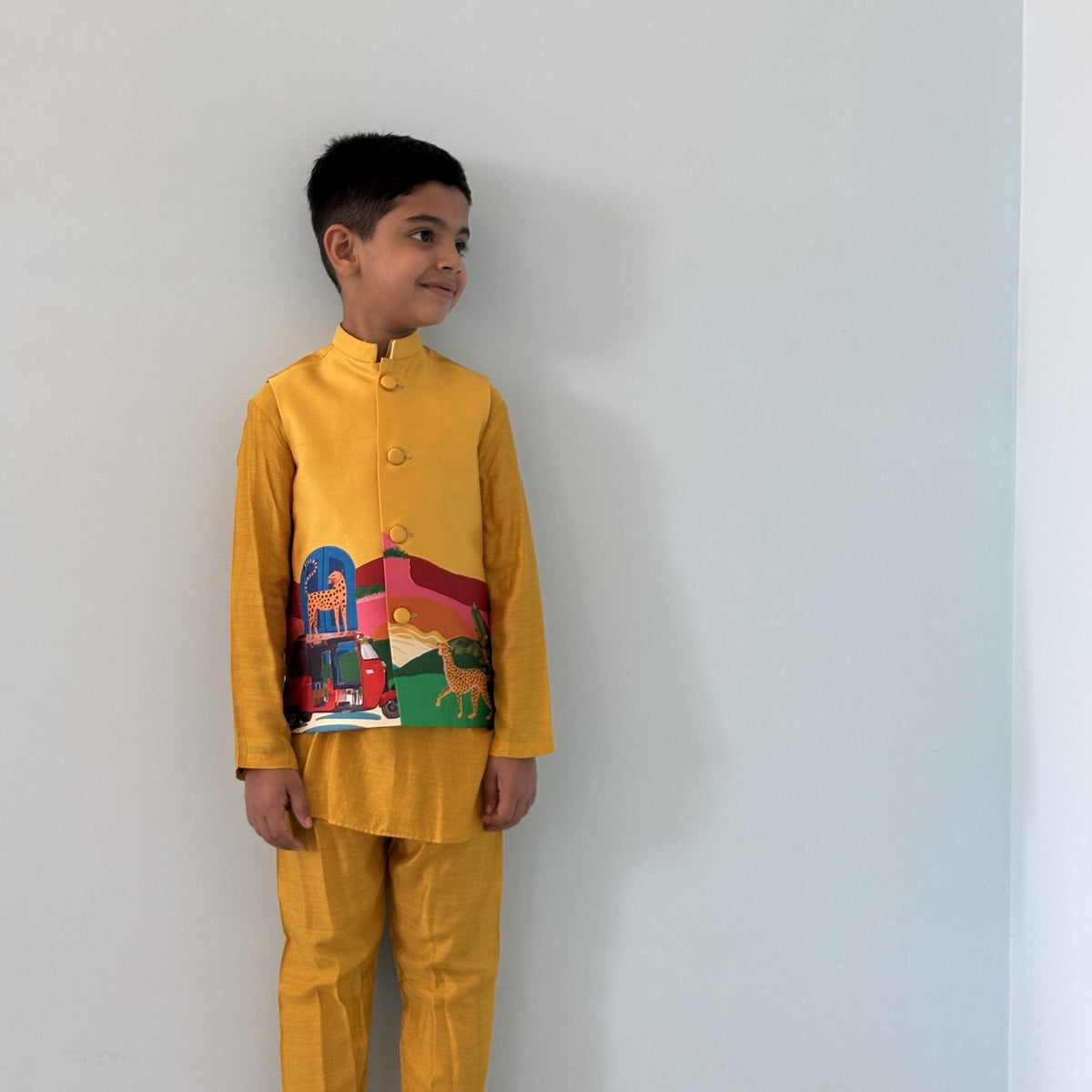 FunnyBones Mustard Kurta Set with Printed Nehru Jacket – mustard koti kurta set with printed landscape, view 2