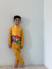 FunnyBones Mustard Kurta Set with Printed Nehru Jacket – mustard koti kurta set with printed landscape, view 3