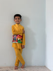 FunnyBones Mustard Kurta Set with Printed Nehru Jacket – mustard koti kurta set with printed landscape, view 4
