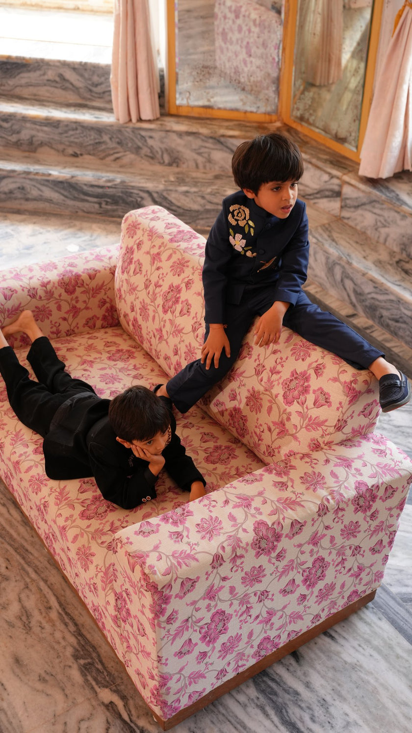 FunnyBones Navy Jodhpuri with Floral & Crane Embroidery – navy jodhpuri with bead rose and zari crane embroidery, view 4