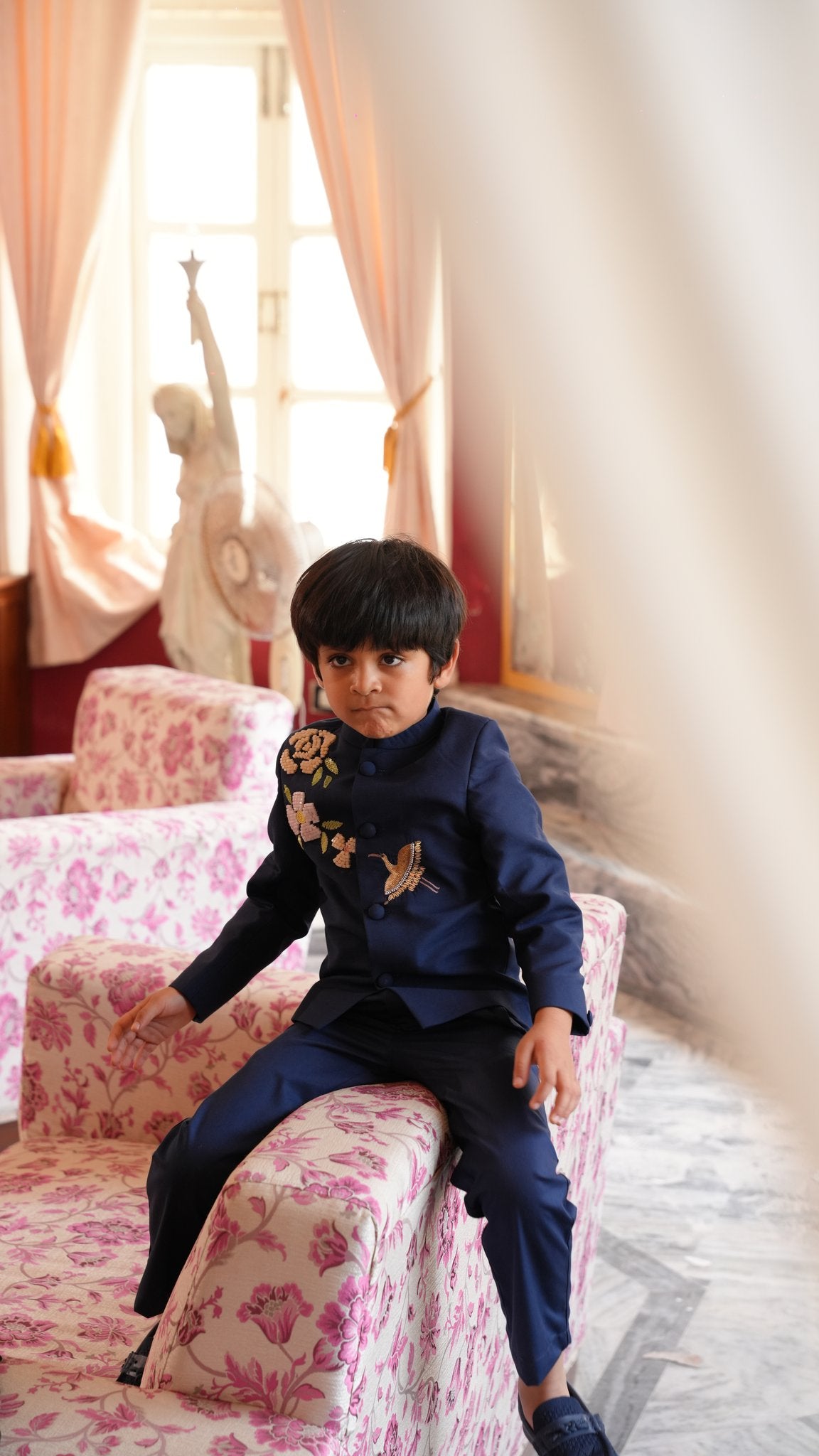 FunnyBones Navy Jodhpuri with Floral & Crane Embroidery – navy jodhpuri with bead rose and zari crane embroidery, view 5