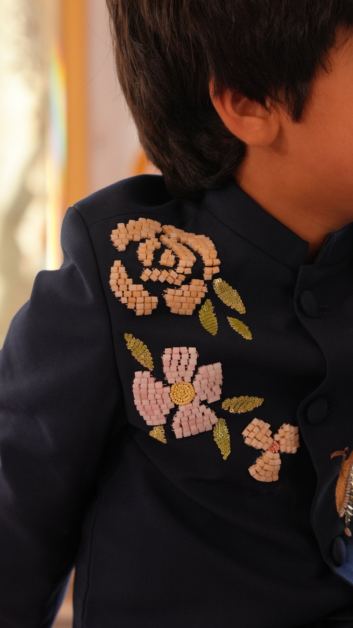 FunnyBones Navy Jodhpuri with Floral & Crane Embroidery – navy jodhpuri with bead rose and zari crane embroidery, view 7