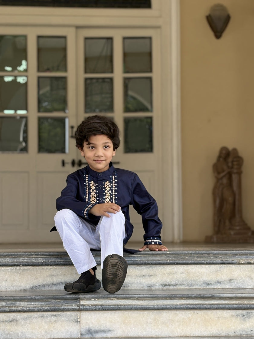 FunnyBones Navy Kurta with Gota Yoke – navy kurta with gota and mirror-work yoke, view 5