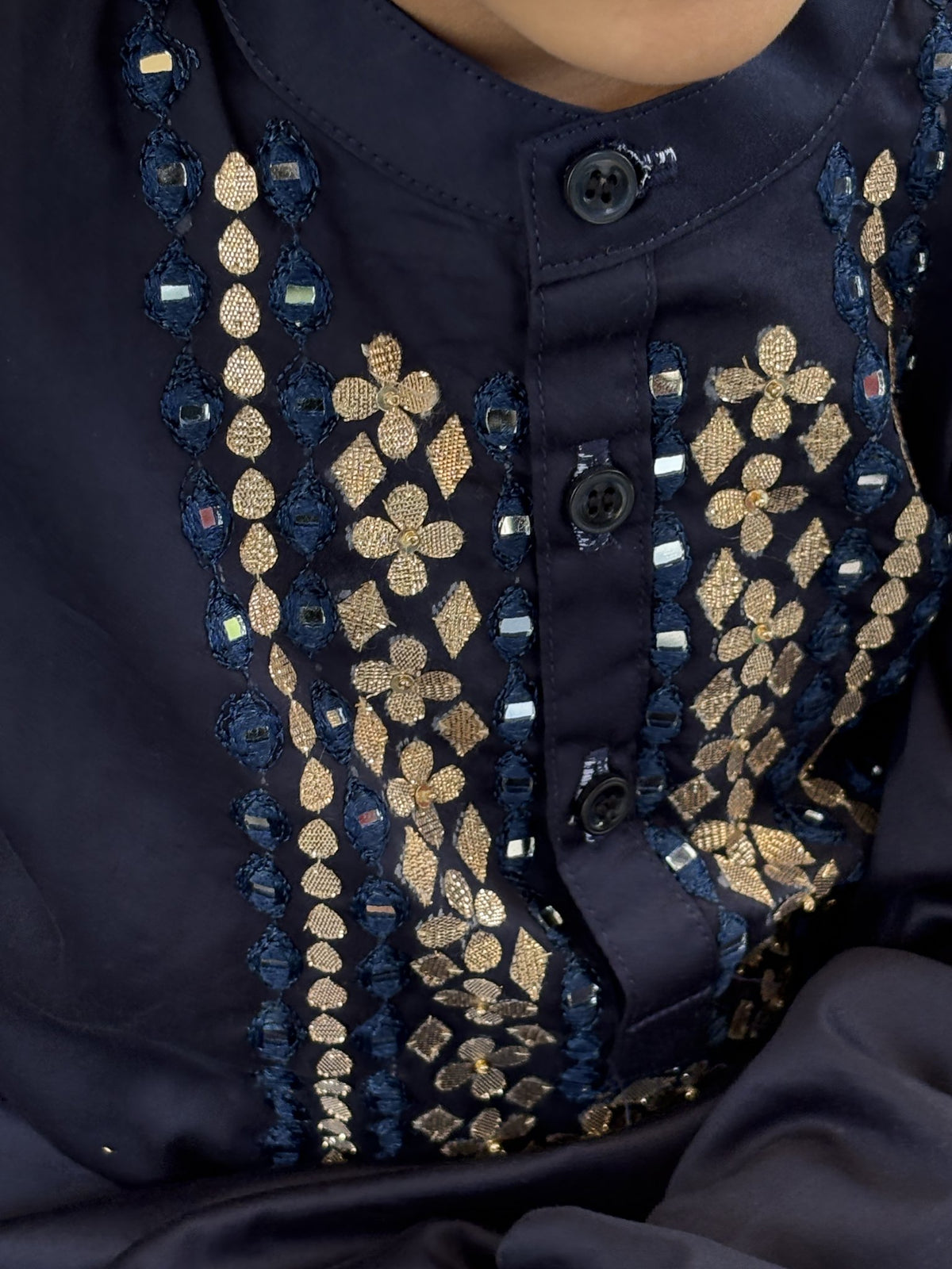 FunnyBones Navy Kurta with Gota Yoke – navy kurta with gota and mirror-work yoke, view 6