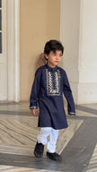 FunnyBones Navy Kurta with Gota Yoke – navy kurta with gota and mirror-work yoke, view 7