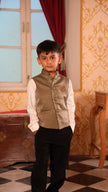 Boy wearing FunnyBones Ivory Nehru Jacket with Crab Motif – sage koti with embroidered crab, white shirt and black trousers
