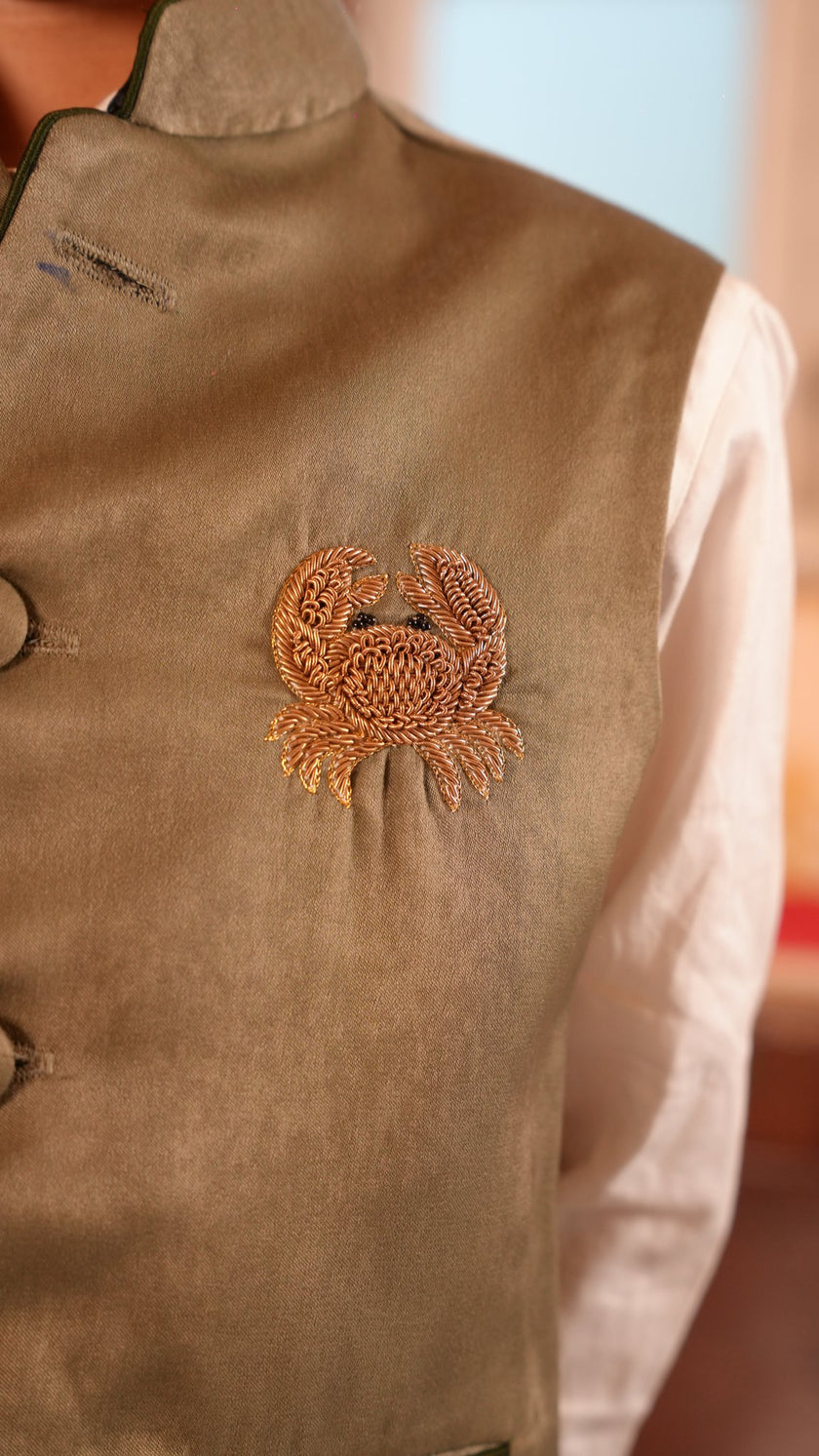 FunnyBones Ivory Nehru Jacket with Crab Motif – sage koti with embroidered crab, white shirt and black trousers, view 2