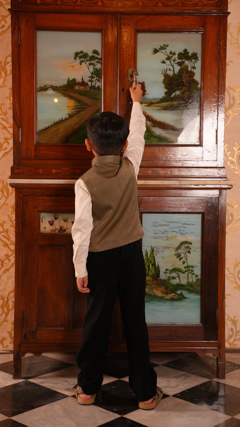 FunnyBones Ivory Nehru Jacket with Crab Motif – sage koti with embroidered crab, white shirt and black trousers, view 3