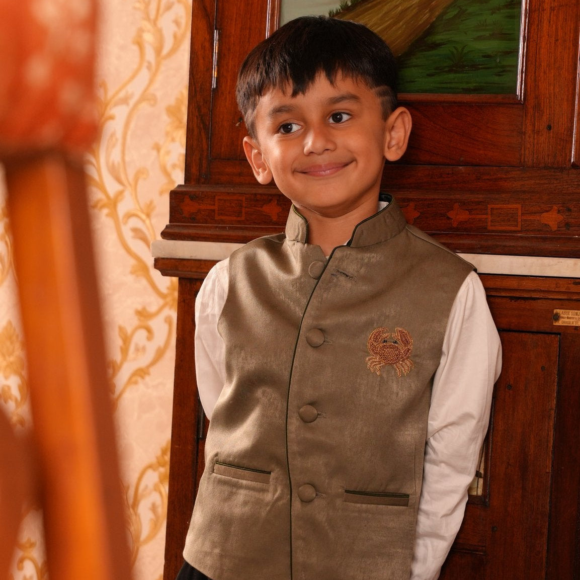FunnyBones Ivory Nehru Jacket with Crab Motif – sage koti with embroidered crab, white shirt and black trousers, view 4