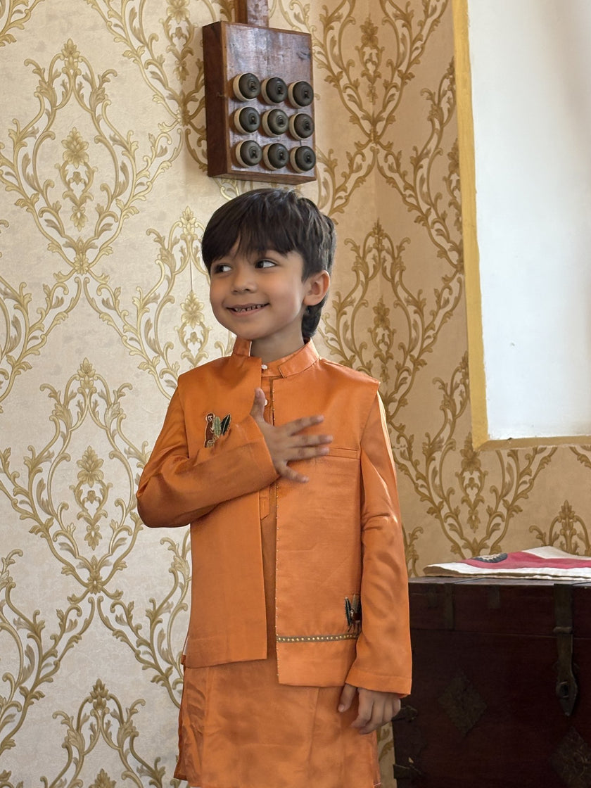 FunnyBones Orange Monkey Nehru Jacket – orange Nehru jacket with monkey and vine embroidery, view 2
