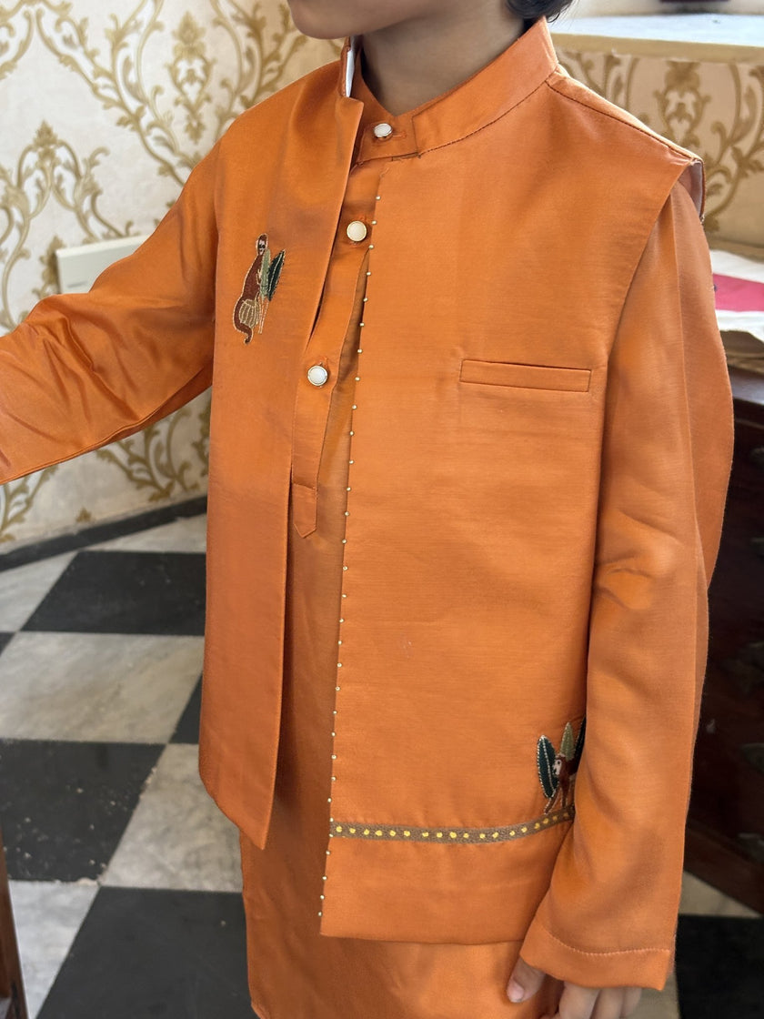 FunnyBones Orange Monkey Nehru Jacket – orange Nehru jacket with monkey and vine embroidery, view 4