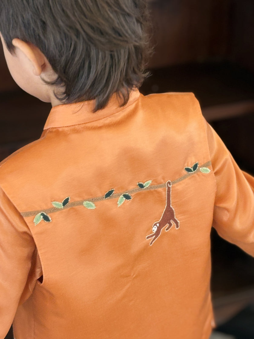 FunnyBones Orange Monkey Nehru Jacket – orange Nehru jacket with monkey and vine embroidery, view 5