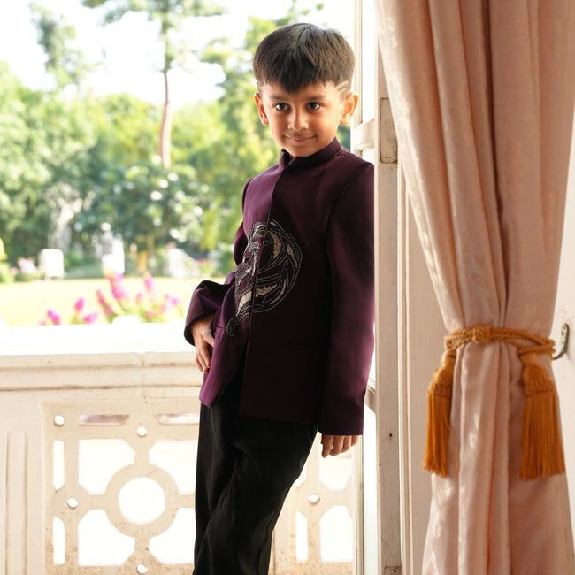 Boy wearing FunnyBones Plum Jodhpuri with Beaded Horse – plum bandhgala with silver beaded horse motif