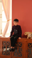 FunnyBones Plum Jodhpuri with Beaded Horse – plum bandhgala with silver beaded horse motif, view 2