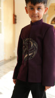 FunnyBones Plum Jodhpuri with Beaded Horse – plum bandhgala with silver beaded horse motif, view 3