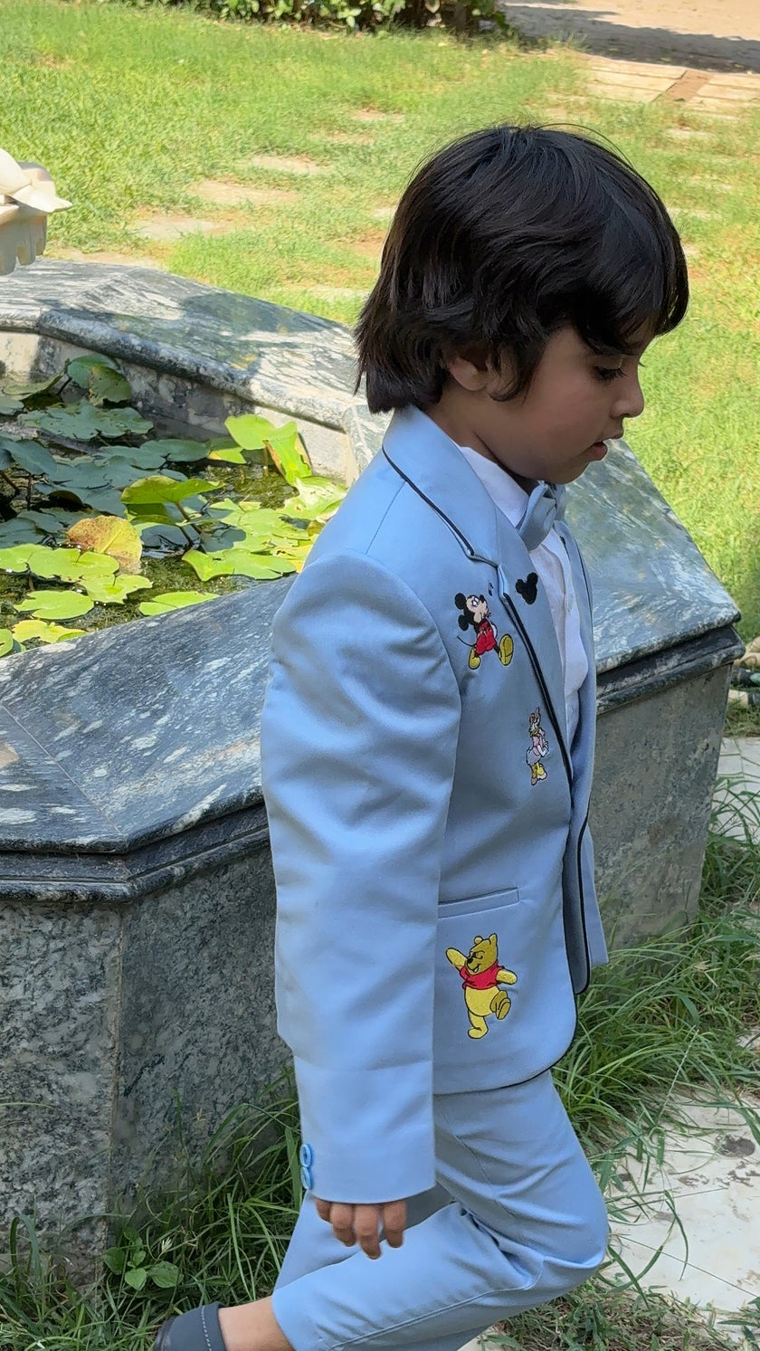 FunnyBones Powder Blue Blazer with Cartoon Patches – powder blue blazer suit with cartoon patches, view 2