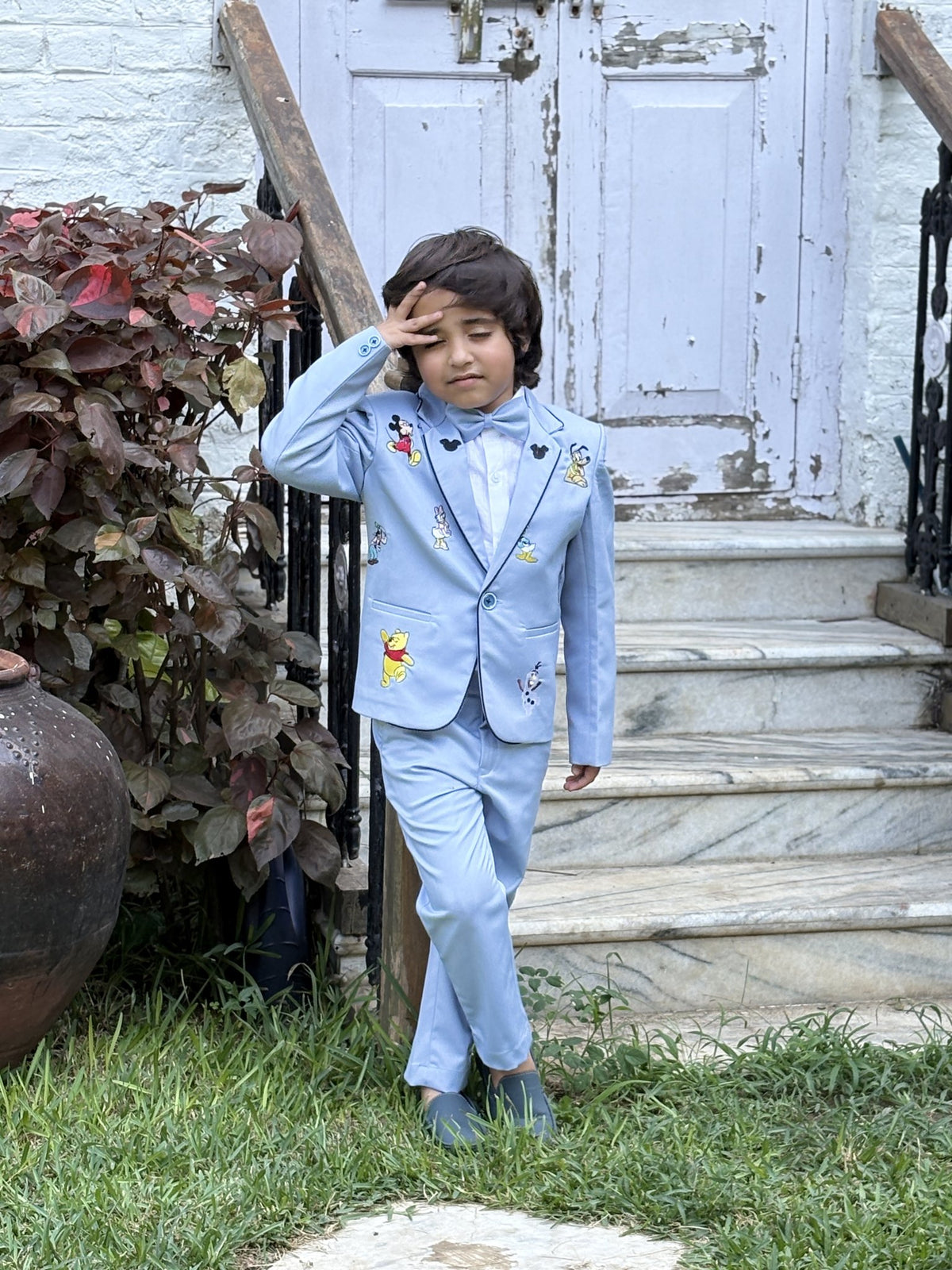 FunnyBones Powder Blue Blazer with Cartoon Patches – powder blue blazer suit with cartoon patches, view 3