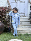 FunnyBones Powder Blue Blazer with Cartoon Patches – powder blue blazer suit with cartoon patches, view 3