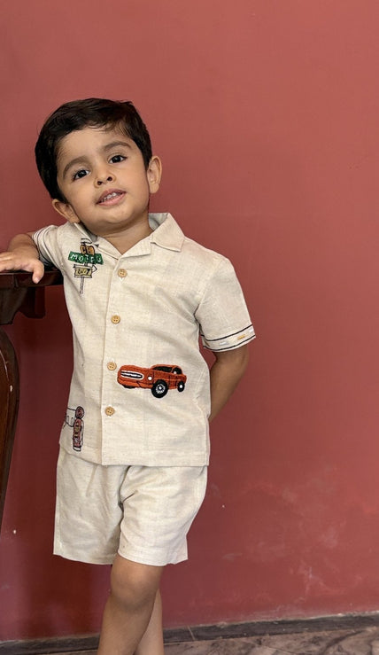 FunnyBones Road-Trip Resort Shirt – cotton linen camp-collar shirt and shorts with road-trip embroidery, view 2