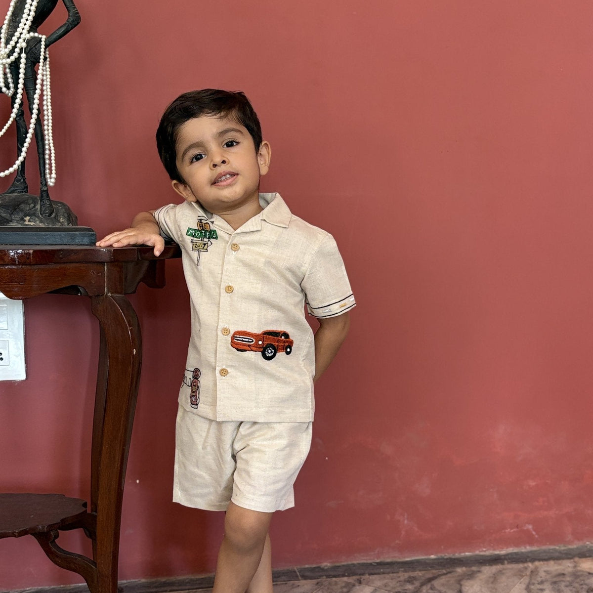 FunnyBones Road-Trip Resort Shirt – cotton linen camp-collar shirt and shorts with road-trip embroidery, view 2