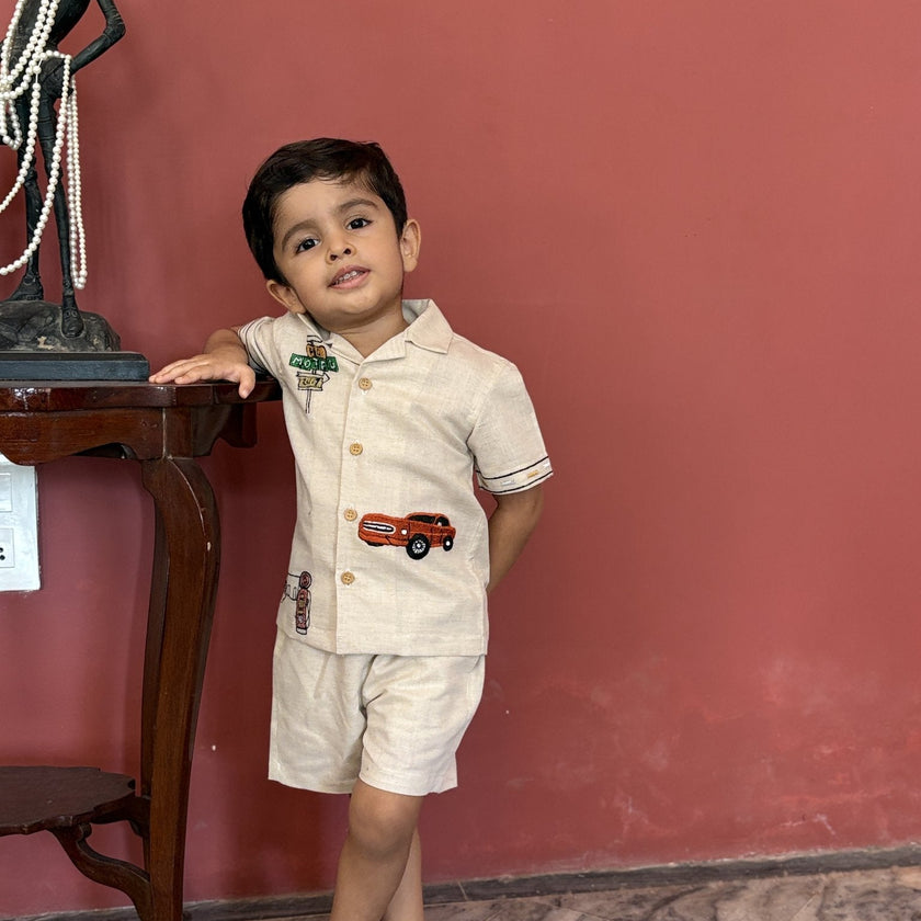 FunnyBones Road-Trip Resort Shirt – cotton linen camp-collar shirt and shorts with road-trip embroidery, view 2