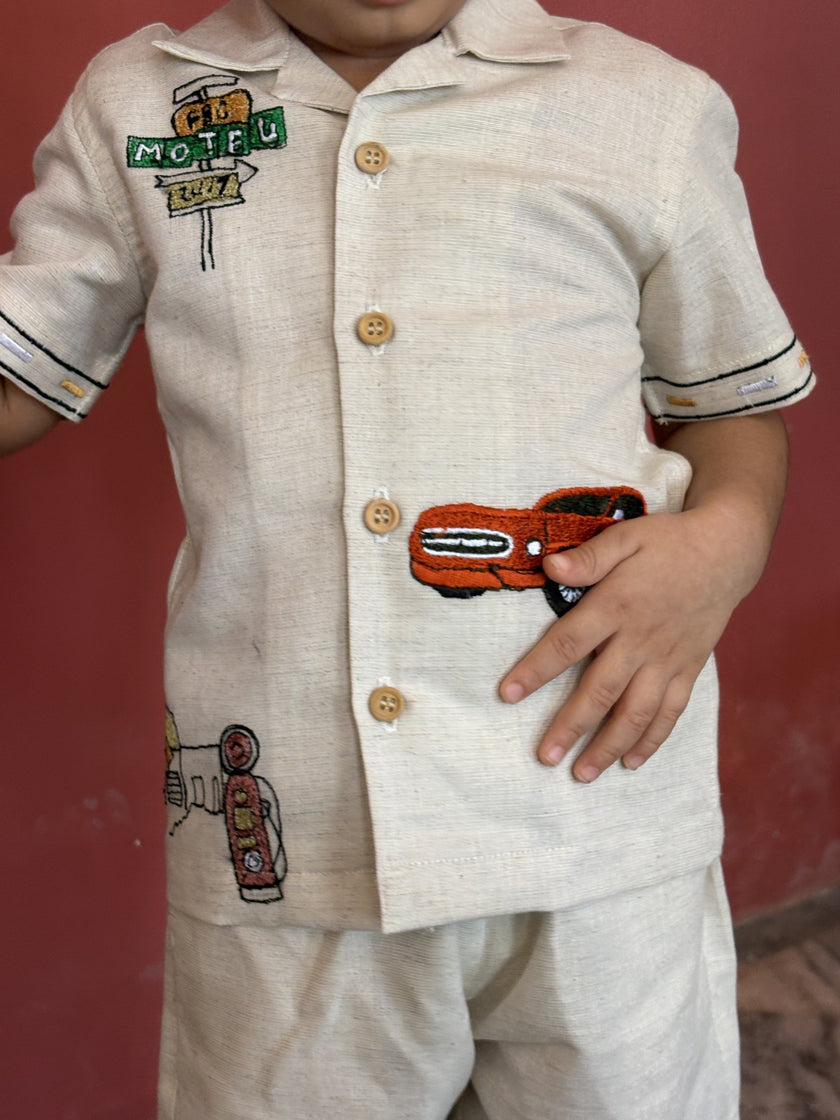 FunnyBones Road-Trip Resort Shirt – cotton linen camp-collar shirt and shorts with road-trip embroidery, view 3