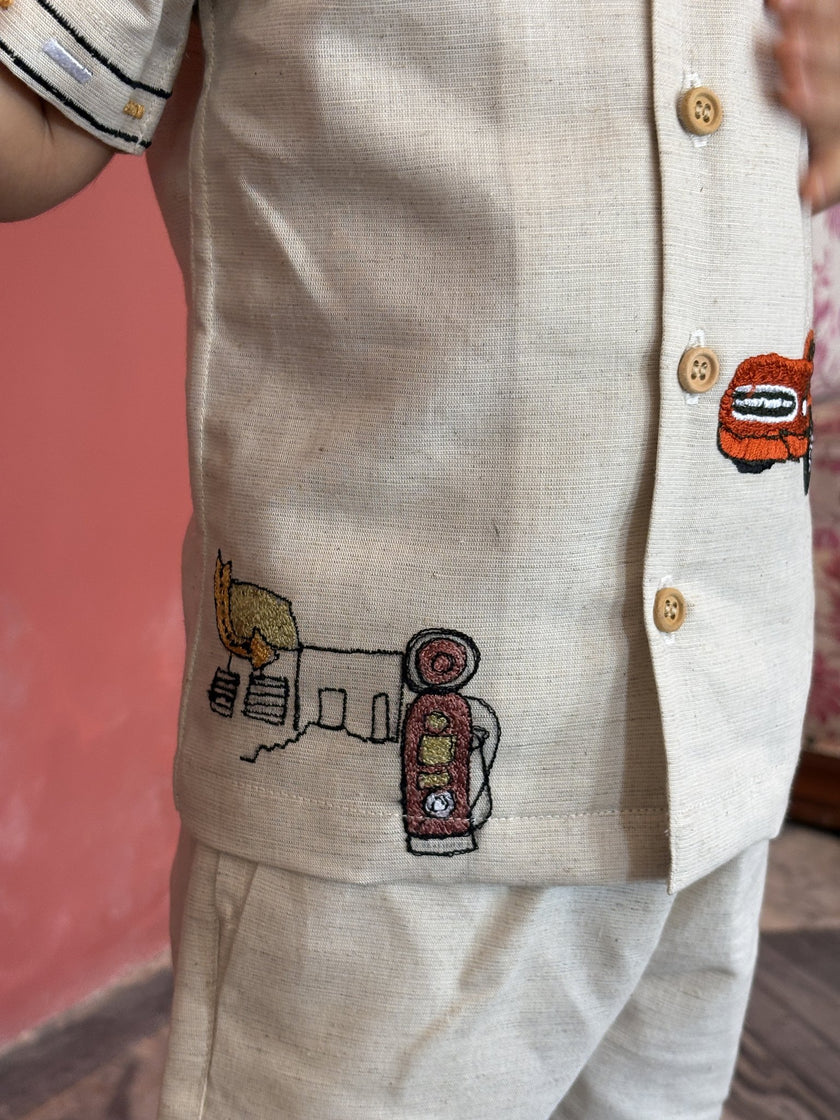 FunnyBones Road-Trip Resort Shirt – cotton linen camp-collar shirt and shorts with road-trip embroidery, view 4