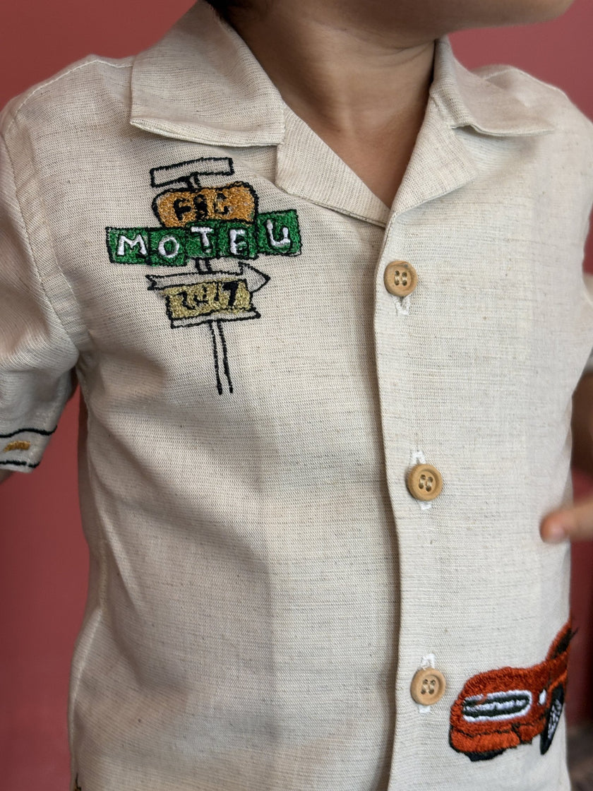 FunnyBones Road-Trip Resort Shirt – cotton linen camp-collar shirt and shorts with road-trip embroidery, view 5
