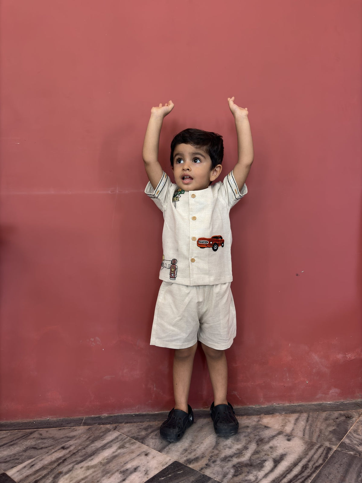 FunnyBones Road-Trip Resort Shirt – cotton linen camp-collar shirt and shorts with road-trip embroidery, view 6