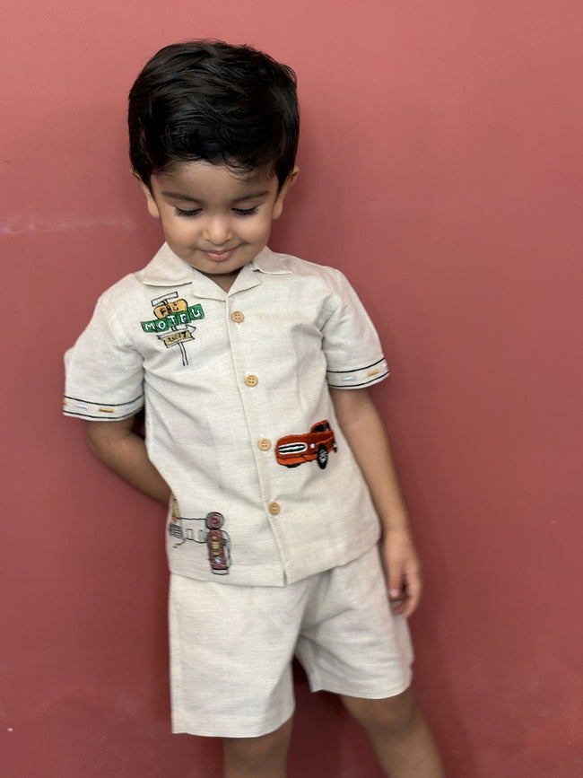 FunnyBones Road-Trip Resort Shirt – cotton linen camp-collar shirt and shorts with road-trip embroidery, view 7