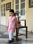 Boy wearing FunnyBones Rose Nehru Jacket with Sequins – rose pink sequin koti with white pajama