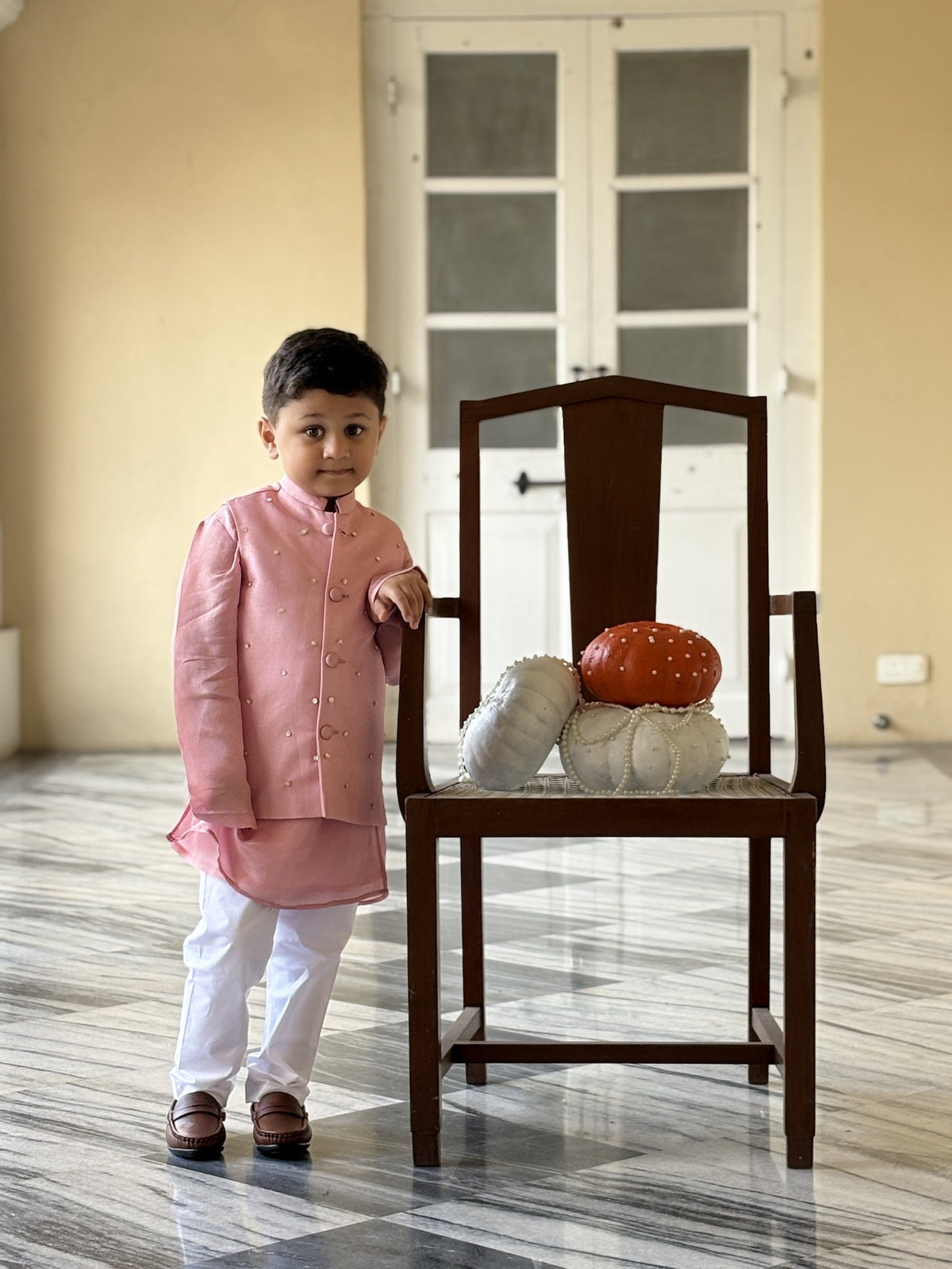 FunnyBones Rose Nehru Jacket with Sequins – rose pink sequin koti with white pajama, view 4