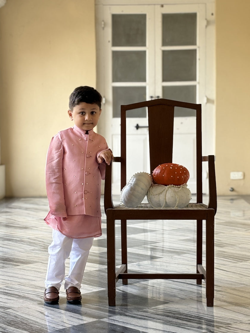FunnyBones Rose Nehru Jacket with Sequins – rose pink sequin koti with white pajama, view 4