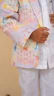 FunnyBones Seaside Patchwork Print Blazer – pastel seaside print linen blazer with white pants, view 2