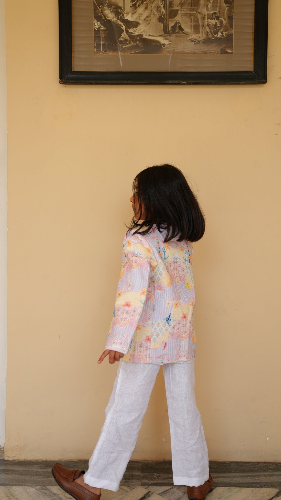 FunnyBones Seaside Patchwork Print Blazer – pastel seaside print linen blazer with white pants, view 3