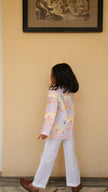 FunnyBones Seaside Patchwork Print Blazer – pastel seaside print linen blazer with white pants, view 3