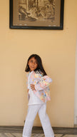 FunnyBones Seaside Patchwork Print Blazer – pastel seaside print linen blazer with white pants, view 4