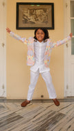 FunnyBones Seaside Patchwork Print Blazer – pastel seaside print linen blazer with white pants, view 5