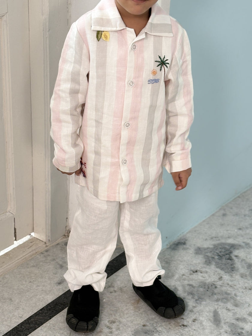 FunnyBones Seaside Stripe Shirt – pastel stripe linen shirt with seaside embroidery, view 2