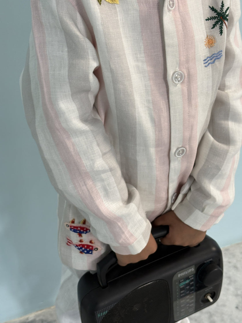 FunnyBones Seaside Stripe Shirt – pastel stripe linen shirt with seaside embroidery, view 5
