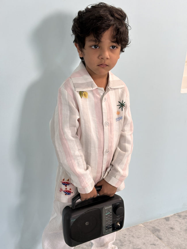 FunnyBones Seaside Stripe Shirt – pastel stripe linen shirt with seaside embroidery, view 6
