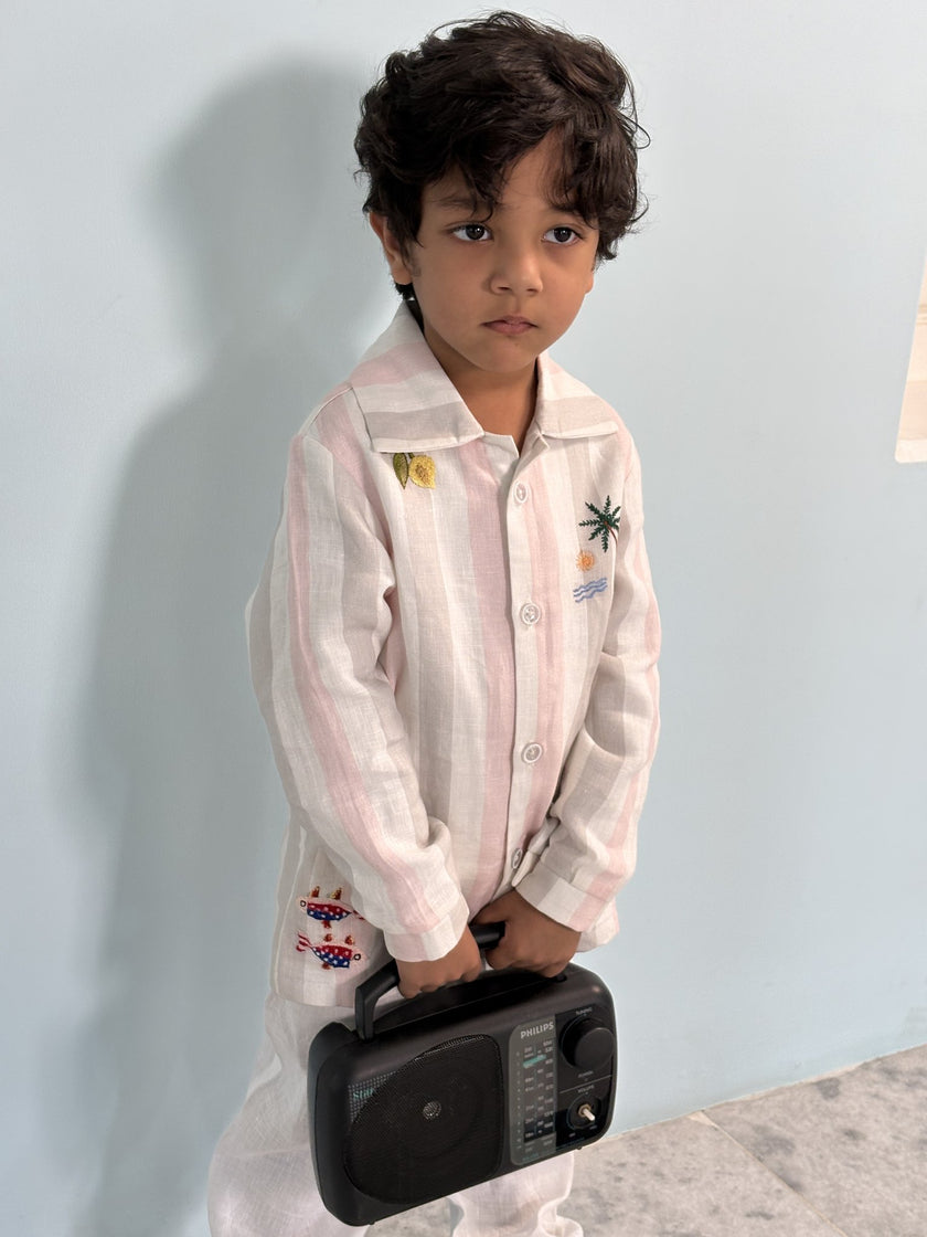 FunnyBones Seaside Stripe Shirt – pastel stripe linen shirt with seaside embroidery, view 6