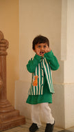 Boy wearing FunnyBones Striped Leopard Nehru Jacket & Green Kurta – green and white striped jacket with leopard applique and green kurta