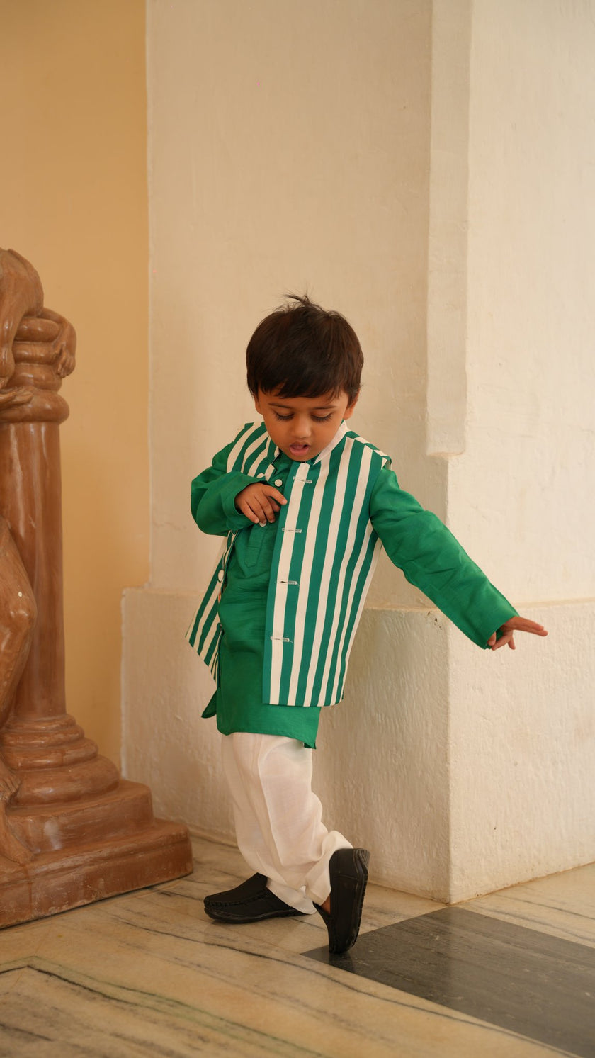 FunnyBones Striped Leopard Nehru Jacket & Green Kurta – green and white striped jacket with leopard applique and green kurta, view 2